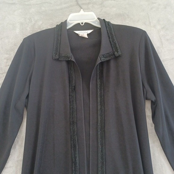 Misook Lg  Cardigan Open Collared Black Fringe Long Sleeve Liquid Knit Travel - Picture 5 of 11